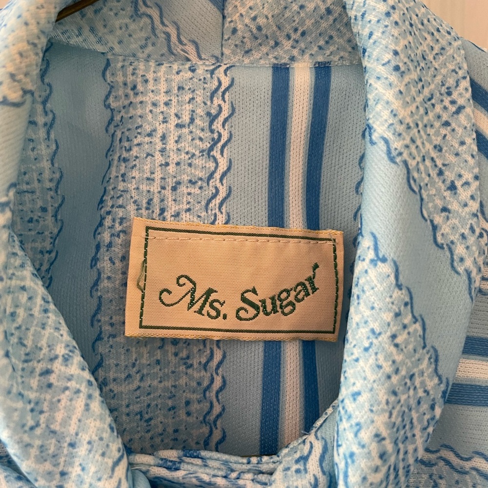 Vintage 70’s Ms Sugar Dress light blue / white, fit and flare, fun neck tie